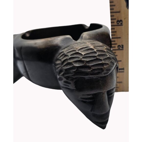 Unusual Wooden Hand Carved Ashtray w Intricate Tribal Faces on Three Legs - Picture 7 of 9